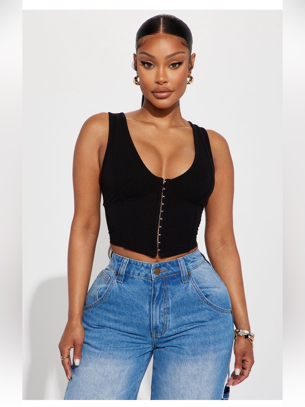 Fashion Nova Black Ribbed Hook-Front Crop Top